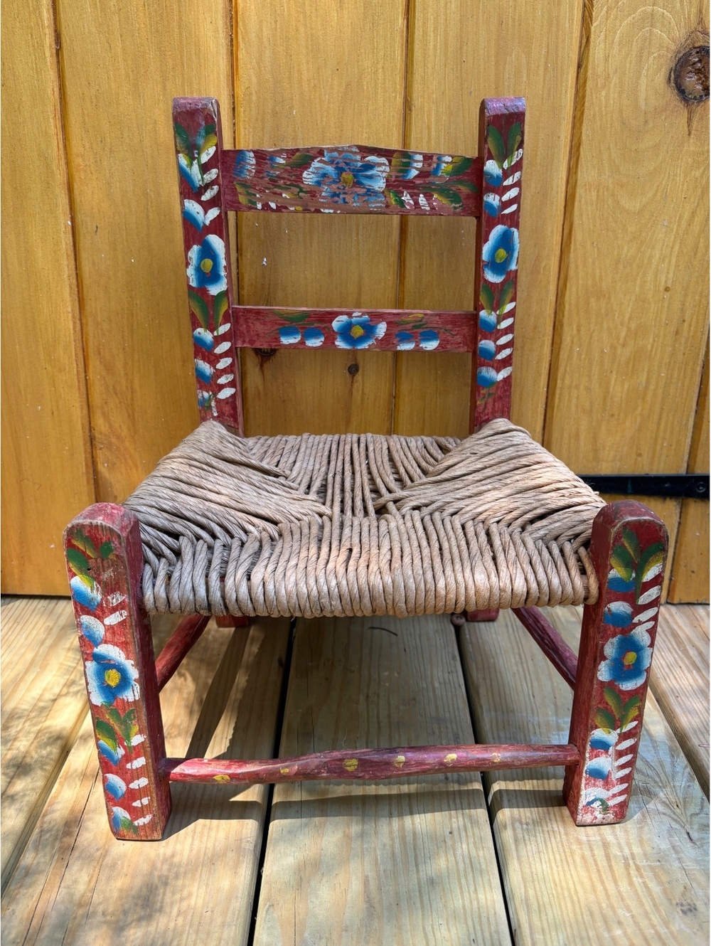 Vintage Children’s Hand-Painted Wooden Chair with Woven Seat